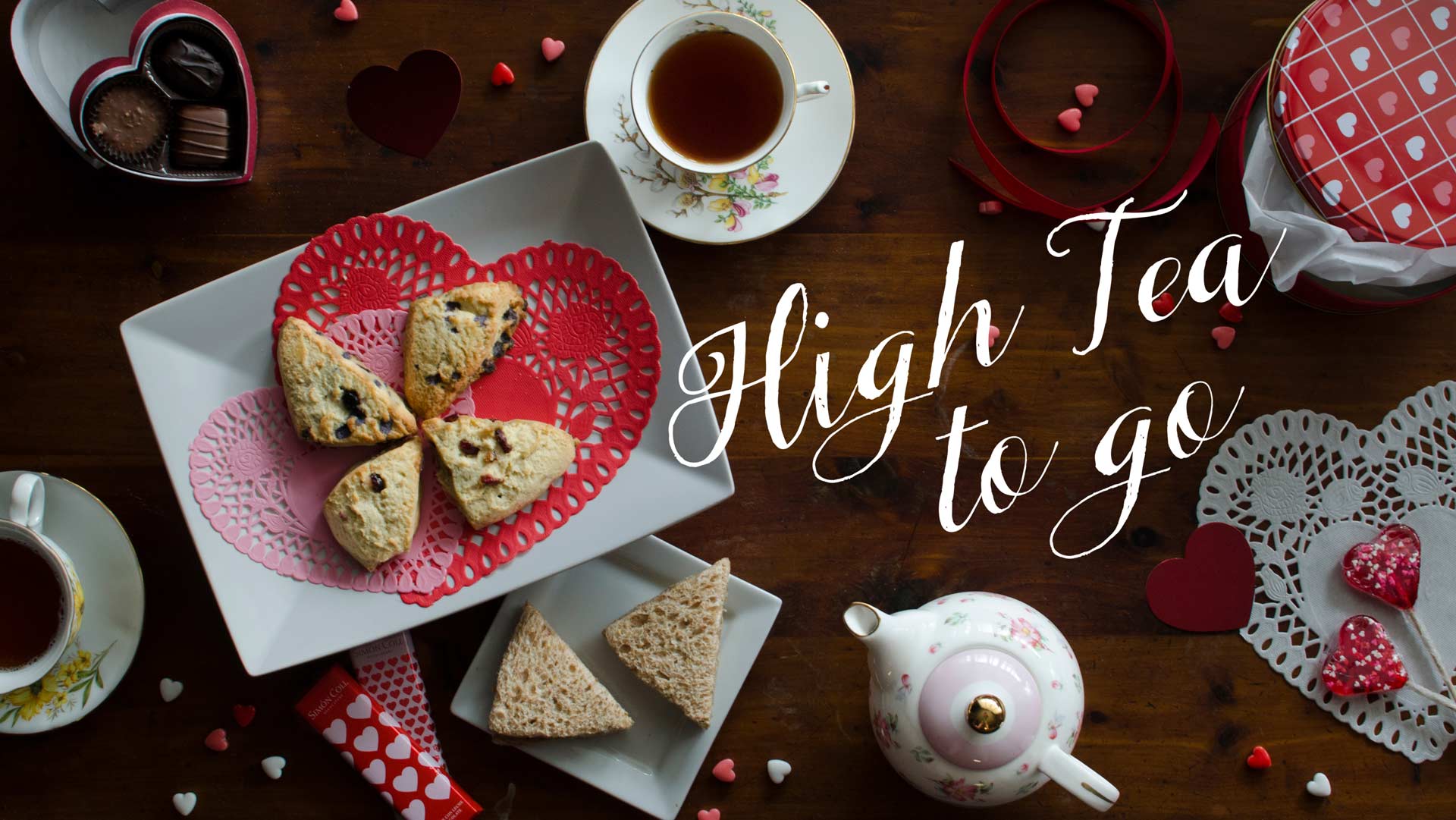 A photograph of a valentine's-themed high tea setting