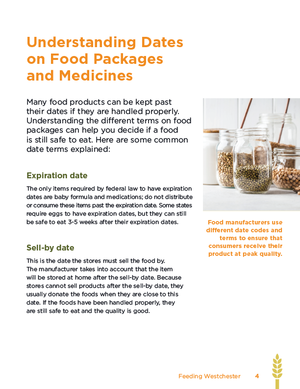 An interior page of Feeding Westchester's Food Dating Guide