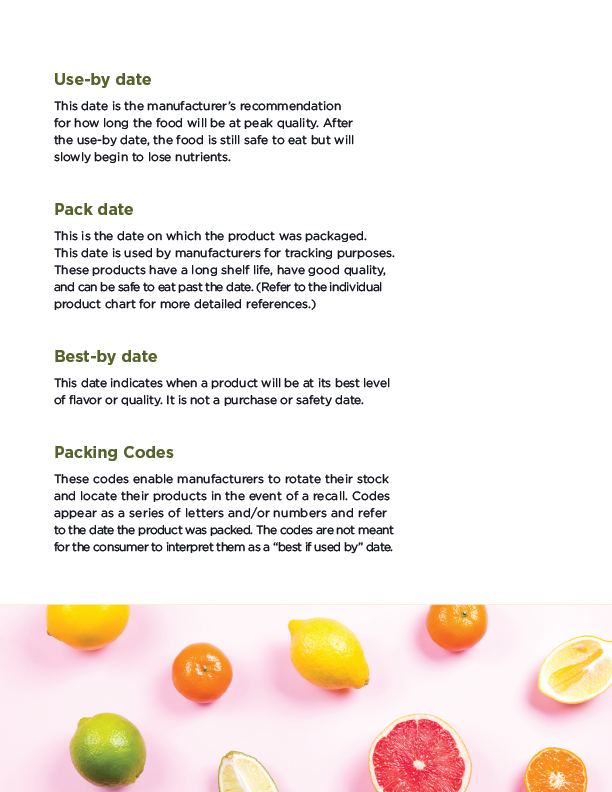 An interior page of Feeding Westchester's Food Dating Guide