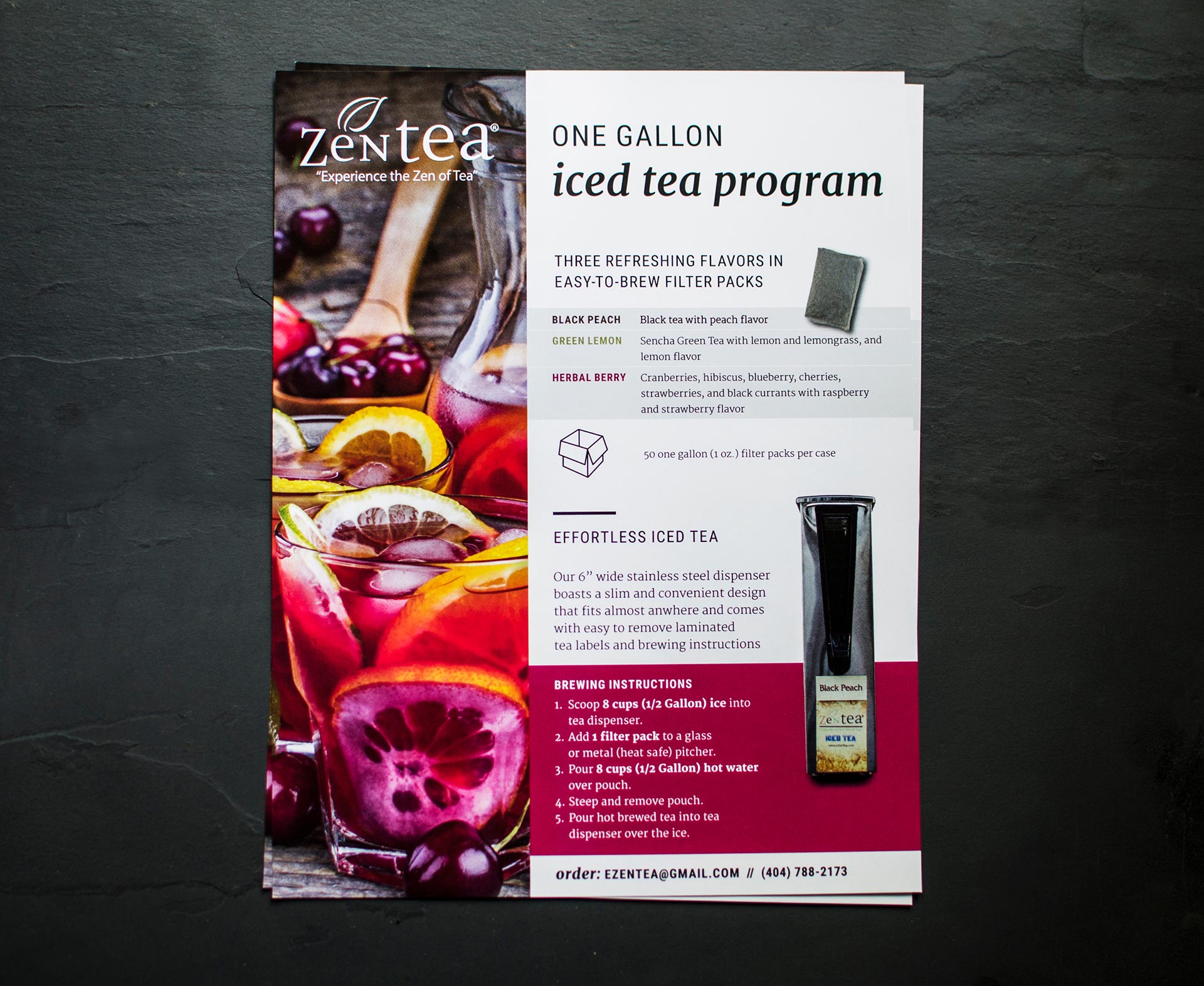 A stack of flyers promoting ZenTea's iced tea program.