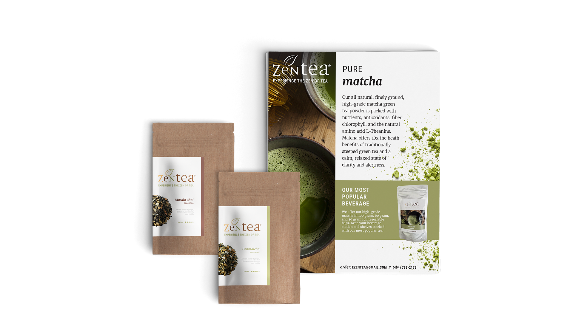 Two packages of tea are resting on top of a stack of flyers promoting Matcha.